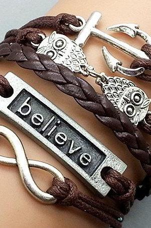 Anchor-Owls-Infinity-Believe Bracelet Cute Bracelet Silver Brown Korean Wax Cord Adjustable Style Bracelet Personalized Bracelet