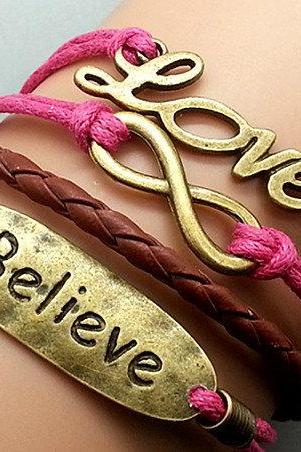 Infinity believe & Love Bracelet Charm Bracelet Bronze Bracelet Rose Korean Wax Cords Leather Charm Bracelet Personalized Bracelet