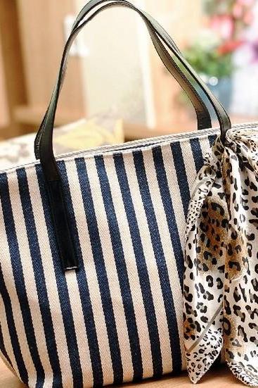  Chic Blue and White Stripes Hand Bag with Scarf 