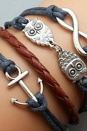 Infinity Bracelet Owls Bracelet Anchor Bracelet Charm Bracelet Silver Bracelet Black Korean Wax Cords Black Leather Charm Bracelet Personalized Bracelet
