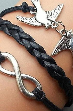 Infinity & Love Bird Bracelet Charm Bracelet Silver Bracelet Black Wax Cords Black Leather Charm Bracelet Personalized Bracelet