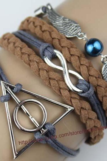 Harry Potter Deathly Hallow Bracelet, Infinity Bracelet,Harry Potter Snitch Bracelet, Brown Bead Bracelet,Gift For Girl Friend,Boy Friend