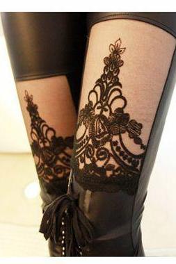 Sexy and fashion Lace Detail Black Leggings