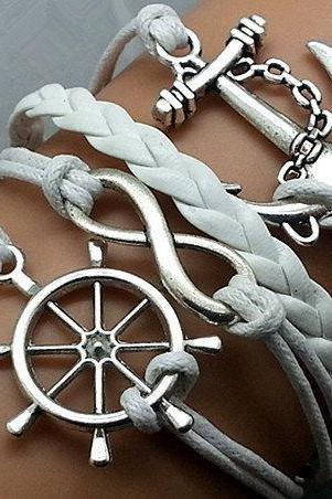 Infinity Helmsman & Anchor Bracelet Charm Bracelet Silver Bracelet White Korean Wax Cords white Leather Charm Bracelet Personalized Bracelet