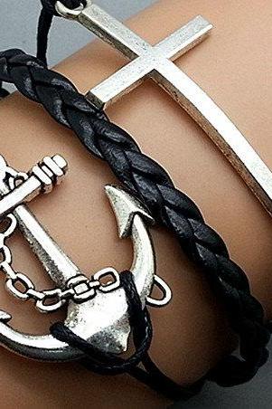 Cross & Anchor Bracelet Charm Bracelet Silver Bracelet Black Wax Leather Charm Bracelet Personalized Bracelet