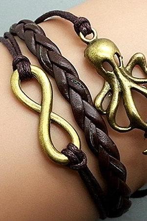 Infinity & Octopus Bracelet Charm Bracelet Bronze Bracelet Brown Wax Cords Brown Leather Charm Bracelet Personalized Bracelet