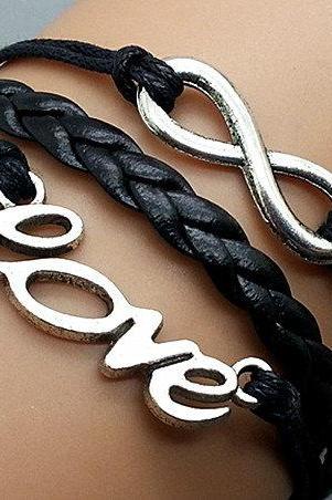 Infinity & Love Bracelet Charm Bracelet Silver Bracelet Black Korean Wax Cords Black Leather Charm Bracelet Personalized Bracelet