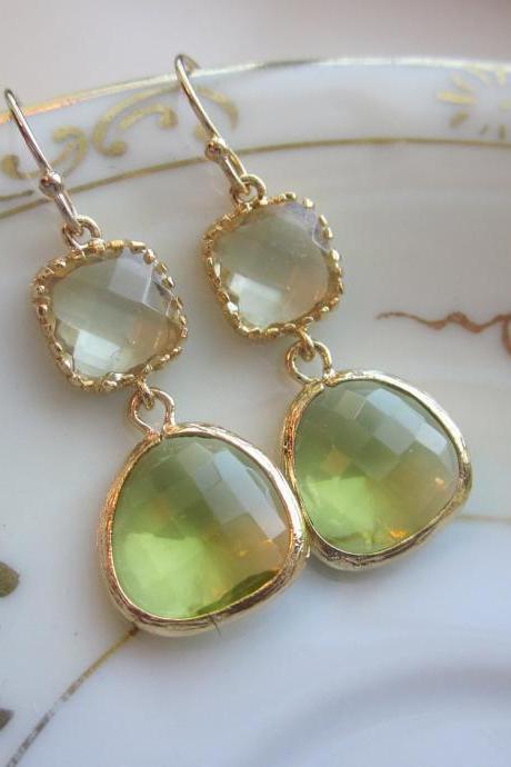 Peridot Earrings Green Citrine Block Gold Plated - Bridesmaid Earrings Wedding Earrings Bridal Earrings