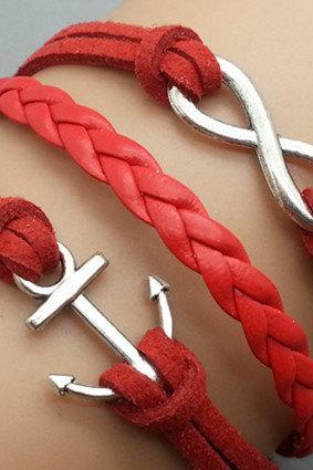 Infinity & Anchor Bracelet Charm Bracelet Silver Bracelet Red Korean Wax Cords Leather Charm Bracelet Personalized Bracelet