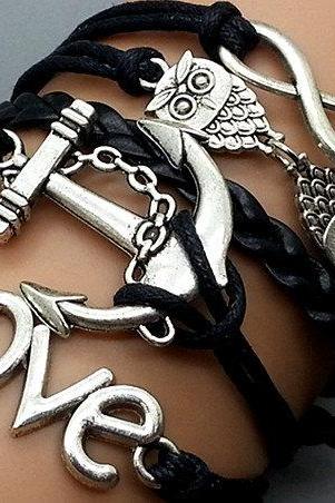 Infinity, Love,owls & Anchor Bracelet Charm Bracelet Silver Bracelet Black Wax Leather Charm Bracelet Personalized Bracelet
