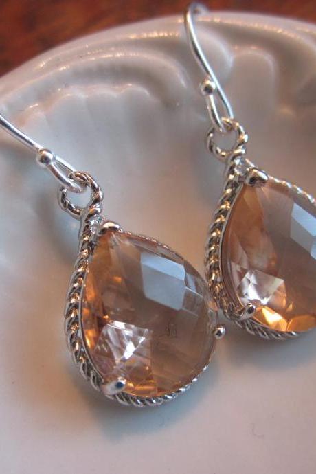 Champagne Earrings Peach Silver Earrings Teardrop Glass - Bridesmaid Earrings Wedding Earrings Bridal Earrings