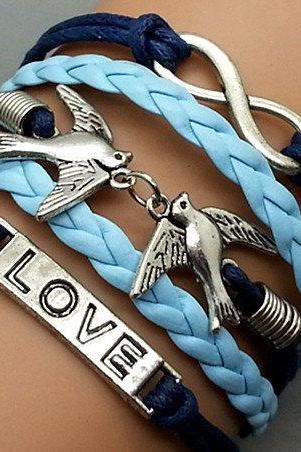 Infinity love & Love Bird Bracelet Charm Bracelet Silver Bracelet Navy blue Wax Cords light blue Leather Charm Bracelet Personalized Bracelet