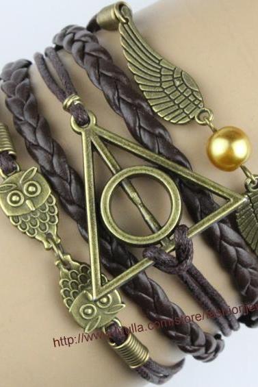 Harry Potter Deathly Hallow Bracelet, Harry Potter Snitch, Owl Wing Bracelet,Bead Bracelet,Bronze Bracelet Gift For Girl Friend,Boy Friend