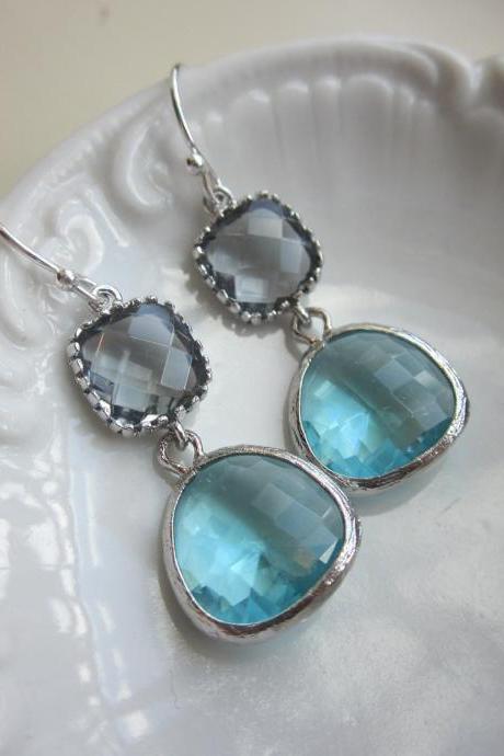 Silver Charcoal Gray Earrings Aquamarine Earrings Blue Two Tier - Bridesmaid Earrings - Bridal Earrings - Wedding