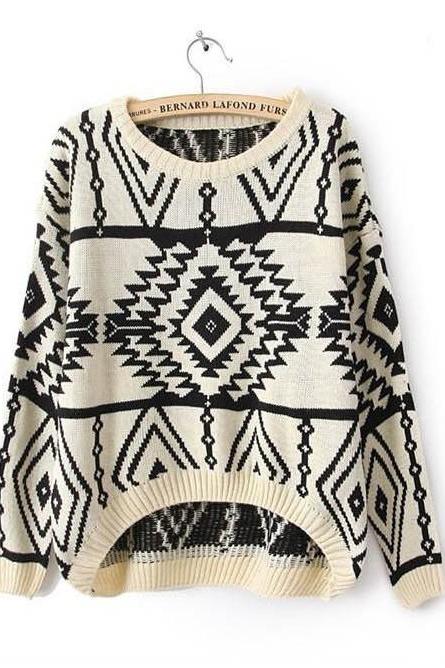 Geometric Diamond Pattern Loose Long-sleeved Knit Sweater #ys091803yh