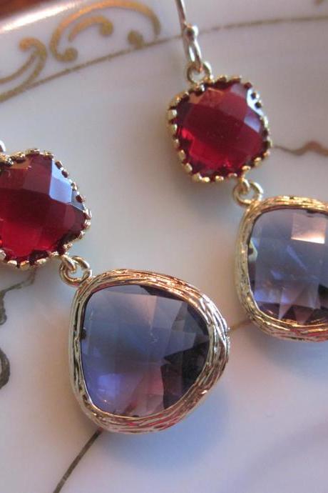 Amethyst Earrings Garnet Square Two Tier Gold Earrings - Bridesmaid Earrings Wedding Earrings Bridal Earrings