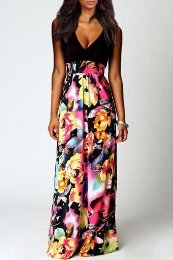 Sexy Floral Print V Neck Sleeveless Dress for Woman