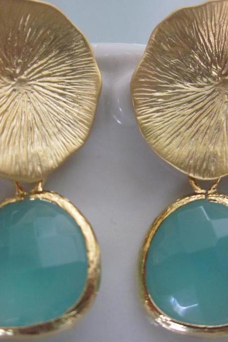 Aqua Blue Earrings Gold Mushroom Coral - Sterling Silver Posts - Bridesmaid Earrings - Bridal Earrings