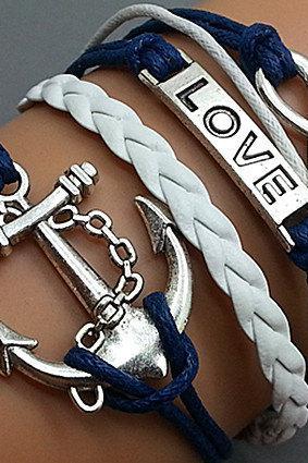 Infinity love & Anchor Bracelet Charm Bracelet Silver Bracelet Navy blue Korean Wax Cords White Leather Charm Bracelet Personalized Bracelet