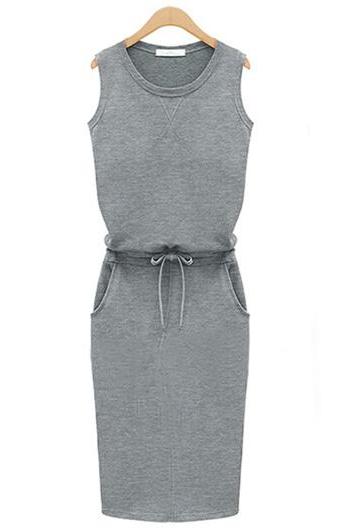 Fashion Round Neck Sleeveless Knee Length Dress Grey
