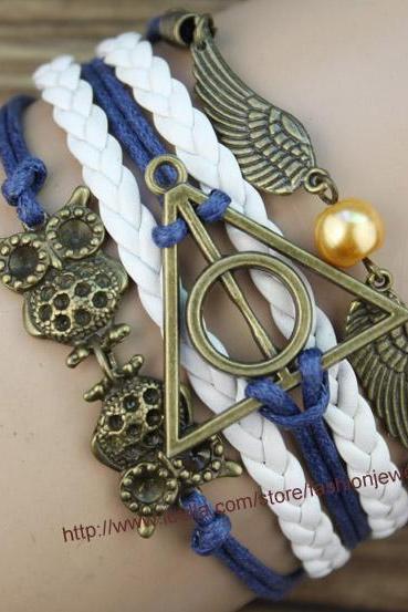 Harry Potter Deathly Hallow Bracelet, Harry Potter Snitch, Owl Wing Bracelet,Golden Bead Bracelet, Gift For Girl Friend,Boy Friend