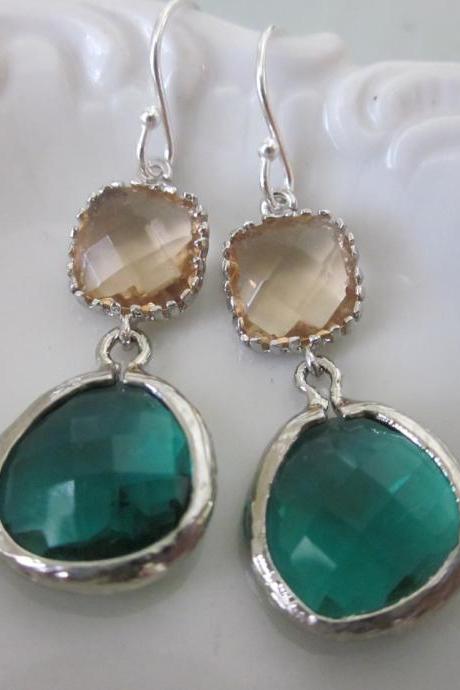Emerald Green Earrings Champagne Pink Block Earrings - Sterling Silver Earwires - Bridesmaid Earrings - Bridal Earrings