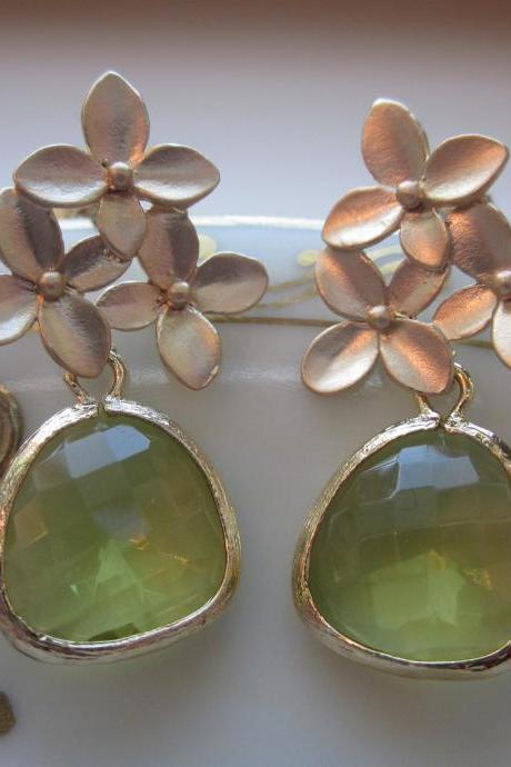 Peridot Earrings Apple Green Gold Cherry Blossom - Sterling Silver Posts - Bridesmaid Earrings - Bridal Earrings - Wedding Jewelry