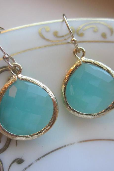 Pacific Aqua Earrings Blue Gold Large Gems - Bridesmaid Earrings Wedding Earrings