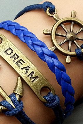 Anchor Dreaw & Helmsman Bracelet Charm Bracelet Silver Bracelet Navy blue Korean Wax Cords Leather Charm Bracelet Personalized Bracelet