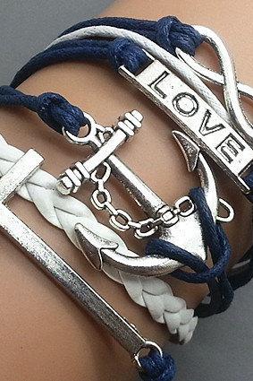 Infinity love Cross & Anchor Bracelet Charm Bracelet Silver Bracelet Navy blue Korean Wax Cords White Leather Charm Bracelet Personalized Bracelet