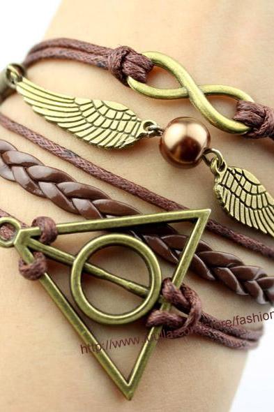 Harry Potter Deathly Hallow Bracelet, Infinity Bracelet,Harry Potter Snitch Bracelet, Brown Bead Bracelet,Gift For Girl Friend,Boy Friend