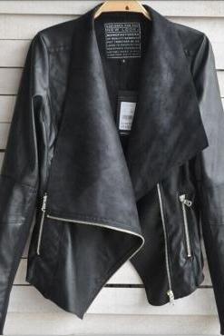 Sexy Casual Punk Style Turndown Collar Three Quarter Sleeves Zipper Designed Black Regular Leather