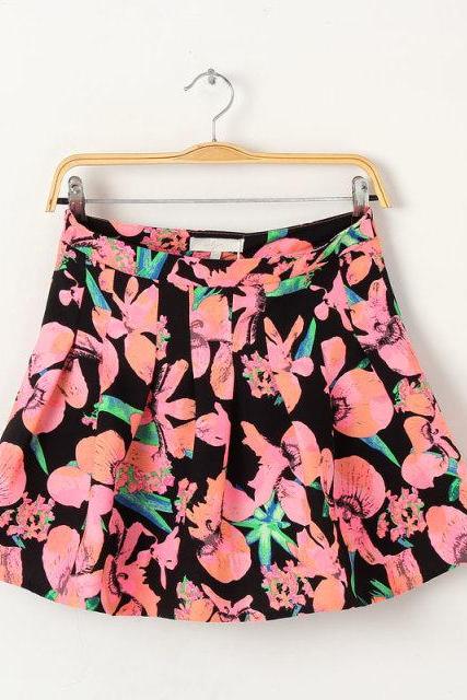 Short Pleated A-line Skirt With Floral Prints