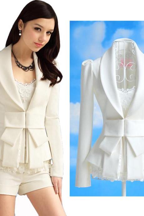 Sexy Women's Big Bowknot Career OL White Slim Suit Coats Jackets
