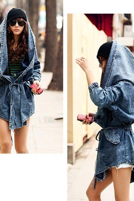 Sexy Fashion Women Lady Denim Trench Coat Hoodie Hooded Outerwear Jean Jacket Cool
