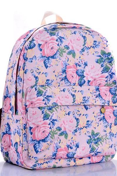 Floral Printed Purple Canvas Backpack