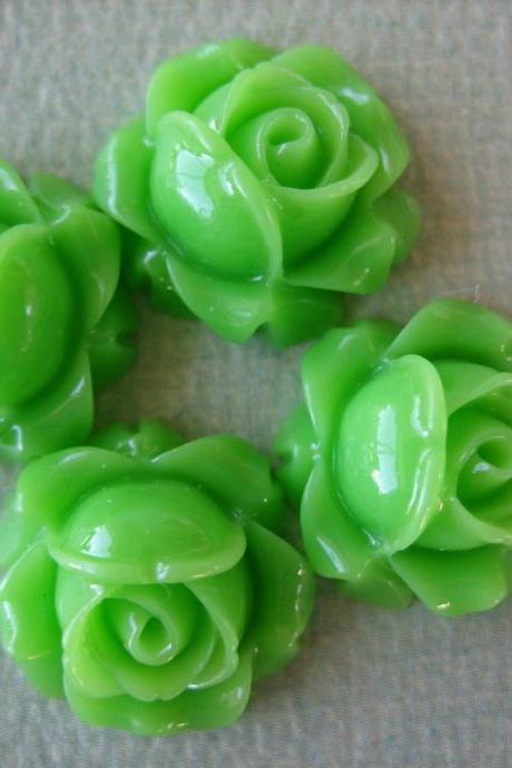 4PCS - Cabbage Rose Flower Cabochons - 15mm - Resin - Apple Green - Findings by ZARDENIA