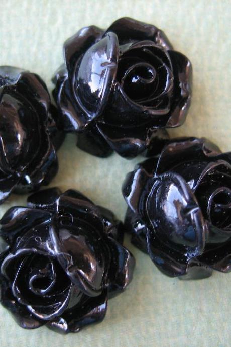 4PCS - Cabbage Rose Flower Cabochons - 15mm - Resin - Black - Findings by ZARDENIA