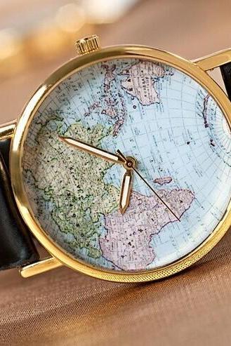 The world map Leather Women Watch -Vintage Style Leather Watch, Women Watches, Unisex Watch, Black Leather Watch,