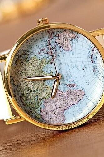The world map Leather Women Watch -Vintage Style Leather Watch, Women Watches, Unisex Watch,White Leather Watch,