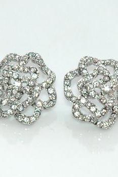 White Rhinestones Dazzling Silver Rose Earrings 