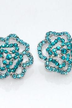 Teal Blue Rhinestones Dazzling Silver Rose Earrings 