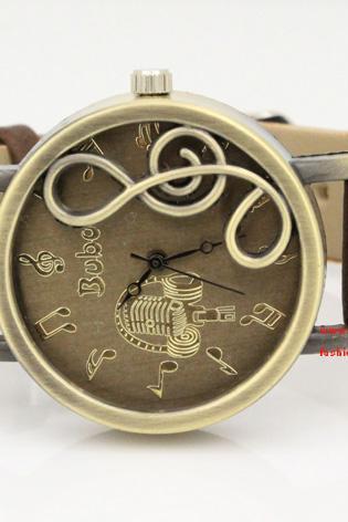 Leather Women Watch -Brown Leather Wrist Watch -Music notation Watch- Women's Leather Wrist Watch
