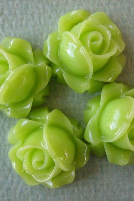 4PCS - Cabbage Rose Flower Cabochons - 15mm - Resin - Neon Green - Findings by ZARDENIA