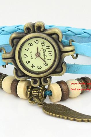 Steampunk Shallow Blue Leather Watch Bracelet Ladies wristWatch Vintage Wrap Watch - birthday gift