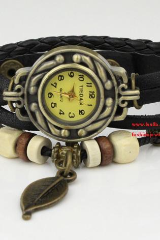 Steampunk Bronze leaves Watch Black Leather Watch Bracelet Ladies wrist Watch Vintage Wrap Watch - birthday gift