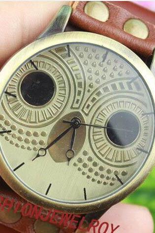 Brown leather bracelet watch cute owl watch handmade women's wrist watch vintage watch