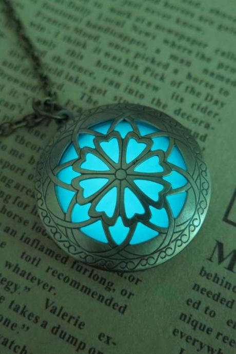 Cyan Brass Plated Glow In The Dark Celtic Galaxy Locket Necklace