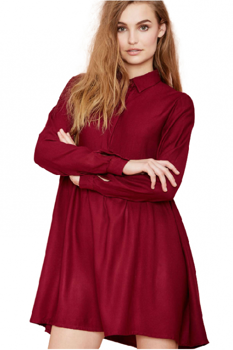 Wine Red Long Sleeve Lapel Pleated Dress