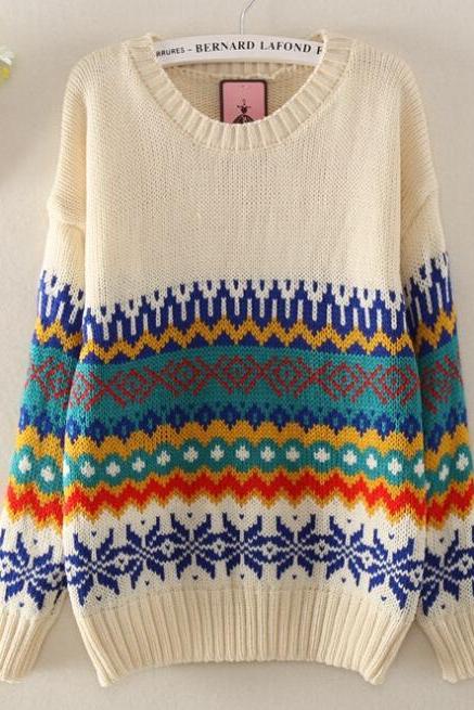 Color Stripe Round Neck Long-sleeved Knit Sweater Ax092403ax